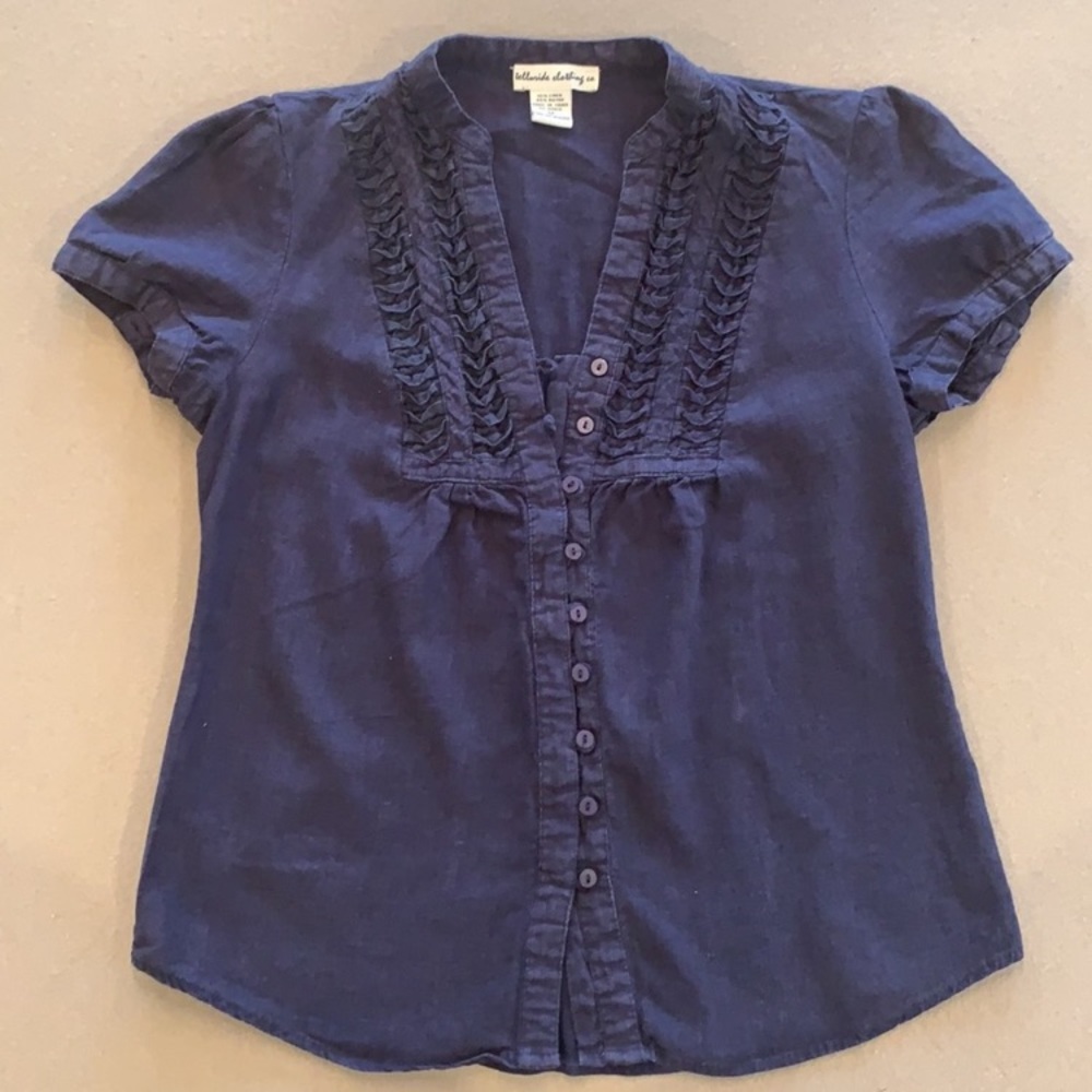 Telluride Clothing Co. Linen Navy Blue Short Sleeve Shirt Blouse Top Medium M